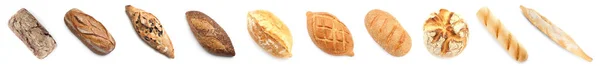 Koláž Křupavých Bochníků Chleba Bílém Pozadí — Stock fotografie