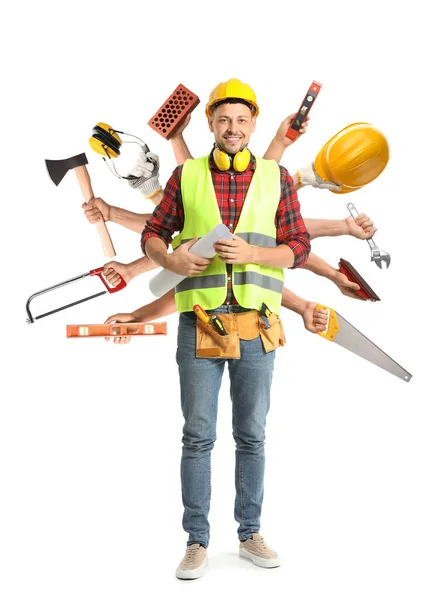 Retrato Arquiteto Masculino Com Muitas Mãos Segurando Suprimentos Construtor Fundo — Fotografia de Stock