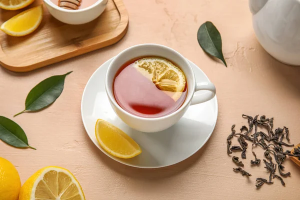 Cup Black Tea Lemon Leaves Beige Background — Stock Photo, Image