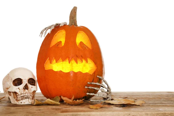 Jack Lantern Pumpkin Skeleton Hands Skull Fall Leaves Table White — 스톡 사진