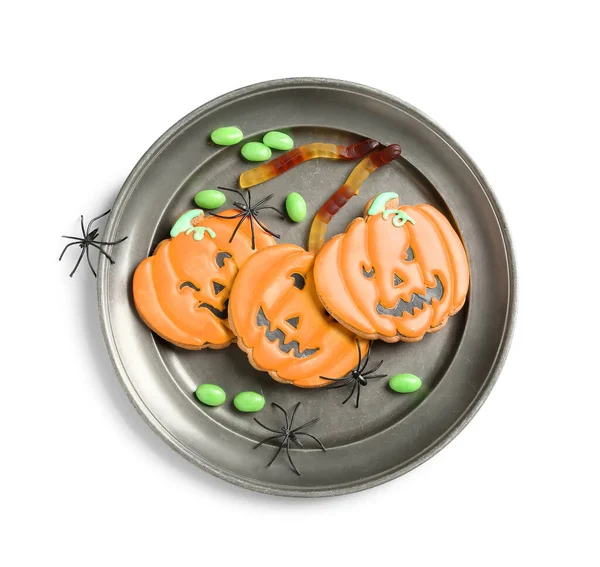 Plate Halloween Pumpkin Cookies Jellies Spiders White Background — Stock Photo, Image