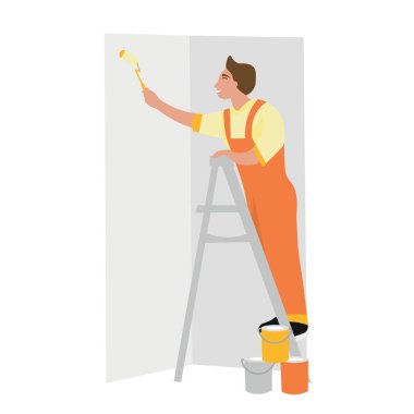 Erkek işçi beyaz arka planda duvar boyuyor