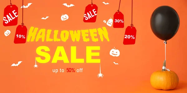 Banner För Halloween Försäljning Med Pumpa Och Ballong — Stockfoto