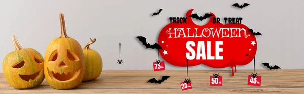 Banner För Halloween Försäljning Med Snidade Pumpor — Stockfoto