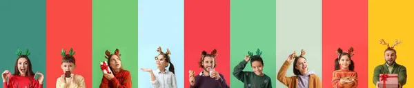 Uppsättning Glada Människor Med Renhorn Färgglad Bakgrund — Stockfoto