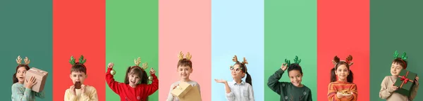 Conjunto Niños Felices Con Cuernos Reno Sobre Fondo Colorido —  Fotos de Stock