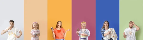 Sammlung Emotionaler Menschen Mit Schmutziger Kleidung Auf Farbigem Hintergrund — Stockfoto