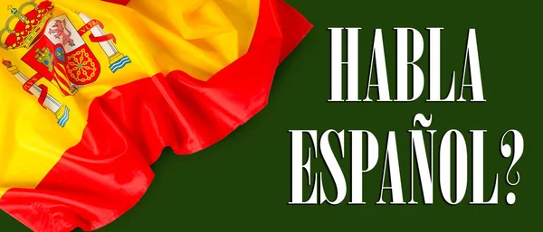 テキストHabla Espanol スペイン語を話しますか 暗い背景にスペインの国旗が — ストック写真