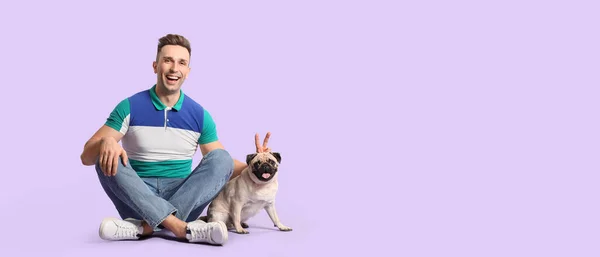 Handsome Man Cute Pug Dog Lilac Background Space Text — Stock Photo, Image