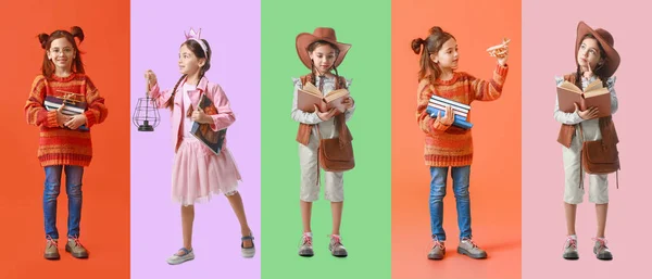 Zestaw Cute Little Girl Książkami Tle Koloru Koncepcja Przygody — Zdjęcie stockowe