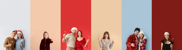 Uppsättning Människor Med Tomtebloss Fira Jul Och Nyår Färg Bakgrund — Stockfoto
