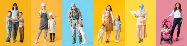 Gruppo Madri Con Loro Figli Sullo Sfondo Colori — Foto Stock