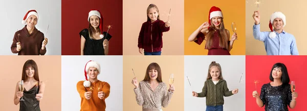Collage Personnes Avec Des Étincelles Célébrant Noël Nouvel Sur Fond — Photo