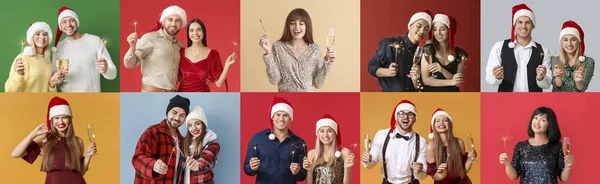 Set Van Mensen Met Sterretjes Vieren Kerstmis Nieuwjaar Kleur Achtergrond — Stockfoto