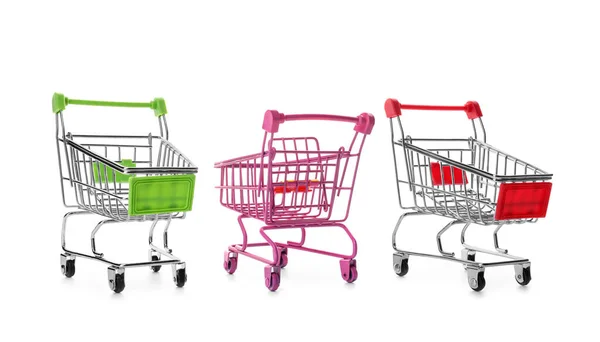 Different Empty Shopping Carts White Background — Stock Photo, Image