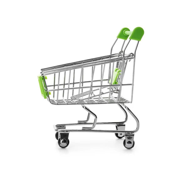Leerer Grüner Einkaufswagen Auf Weißem Hintergrund — Stockfoto
