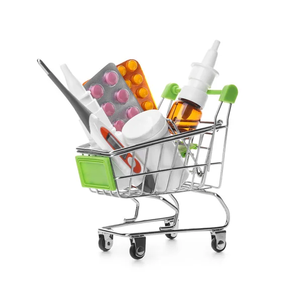 Green Shopping Cart Medications White Background — Stock Photo, Image