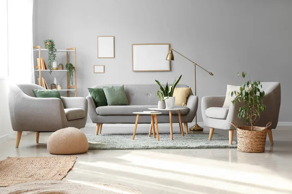 Interior of modern living room with houseplants, sofa and armchairs