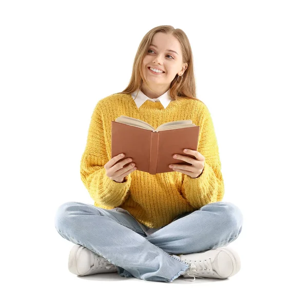 Νεαρή Γυναίκα Κίτρινο Πουλόβερ Βιβλίο Κάθεται Λευκό Φόντο — Φωτογραφία Αρχείου