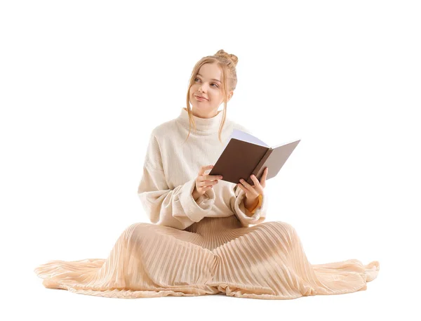 Mulher Bonita Com Livro Sentado Fundo Branco — Fotografia de Stock