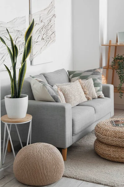 Interior Modern Living Room Sofa Poufs Textile Artwork — Stock Photo, Image