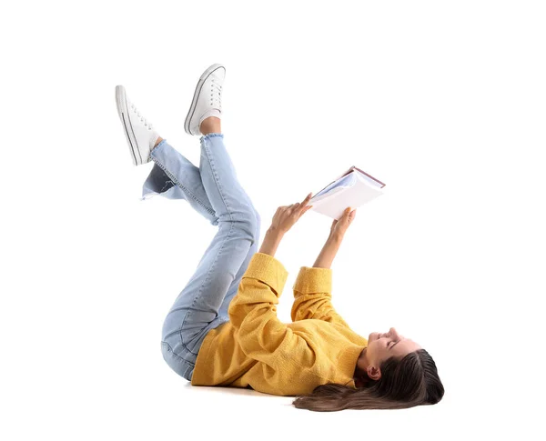 Hermosa Mujer Suéter Amarillo Libro Lectura Sobre Fondo Blanco — Foto de Stock