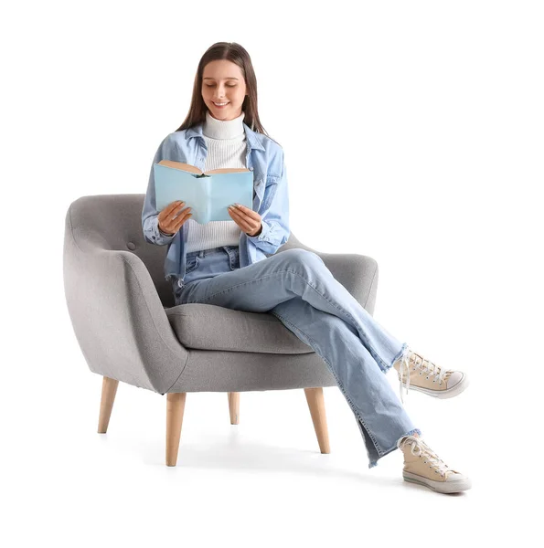 Schöne Frau Liest Buch Weichem Sessel Auf Weißem Hintergrund — Stockfoto
