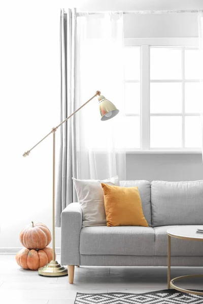 Autumn Interior Living Room Grey Sofa Lamp Pumpkins — Stock Photo, Image