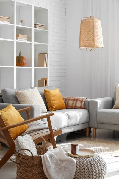 Interior Modern Living Room Grey Sofa Shelving Unit — Stock Photo, Image