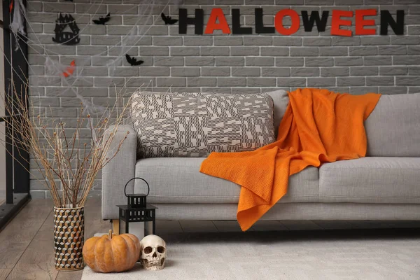 Interior Living Room Decorated Halloween Grey Sofa Tree Branches Vase — Stock Photo, Image