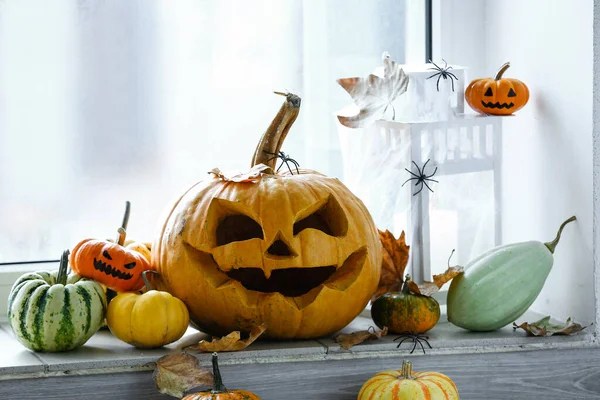 Halloween Pumpkins Fallen Leaves Spiders Lantern Windowsill Room — Stock Photo, Image