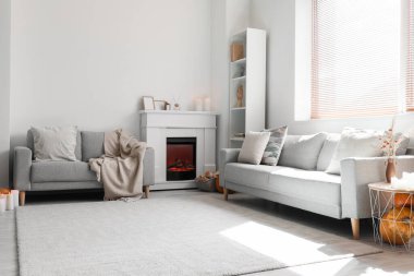 Gri koltukları, raf ünitesi ve şöminesi olan aydınlık oturma odasının içinde.