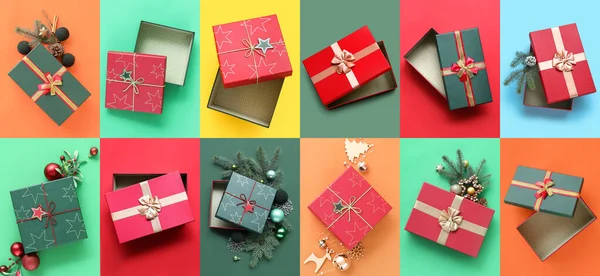 Colagem Com Muitas Caixas Presente Natal Decoração Fundo Colorido Vista — Fotografia de Stock