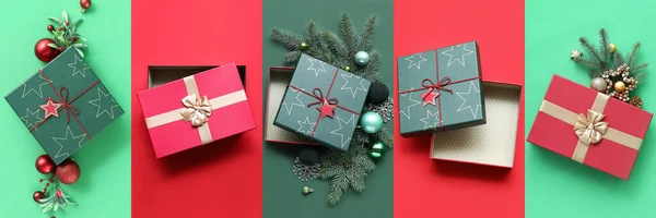Muitas Caixas Presente Natal Decoração Fundo Colorido Vista Superior — Fotografia de Stock