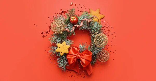 Beautiful Christmas Wreath Red Background — Stock Photo, Image