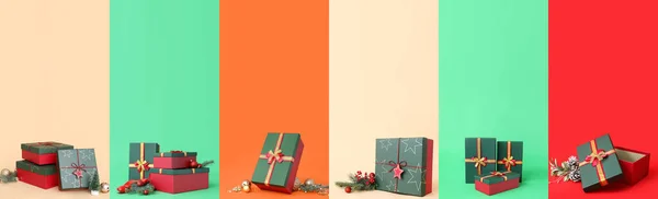 许多圣诞礼品盒和彩色背景的装饰品 — 图库照片