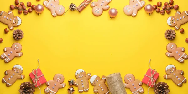 Frame Made Tasty Gingerbread Cookies Christmas Decor Yellow Background — Stock Photo, Image