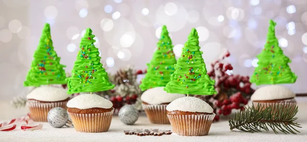 Tasty Christmas Cupcakes Decorations Light Background — Stock Photo, Image