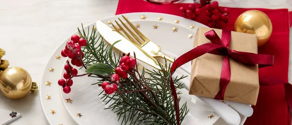 Beautiful Christmas Table Setting White Background Closeup — Stock Photo, Image