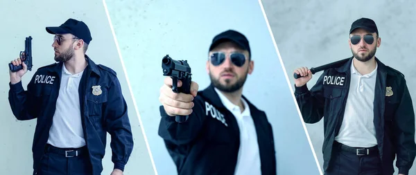 Collage Con Oficial Policía Sobre Fondo Azul Claro —  Fotos de Stock