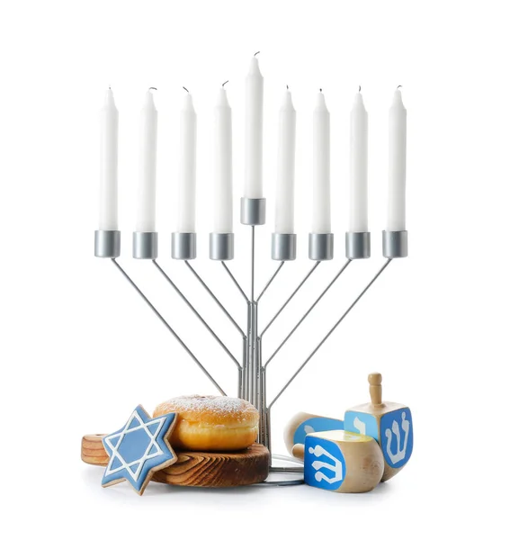 Menorah Candles Dreidels Food Hanukkah Celebration White Background — Stock Photo, Image