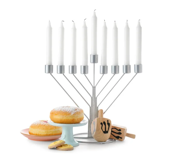 Menorah Com Velas Dreidels Donuts Biscoitos Para Celebração Hanukkah Fundo — Fotografia de Stock