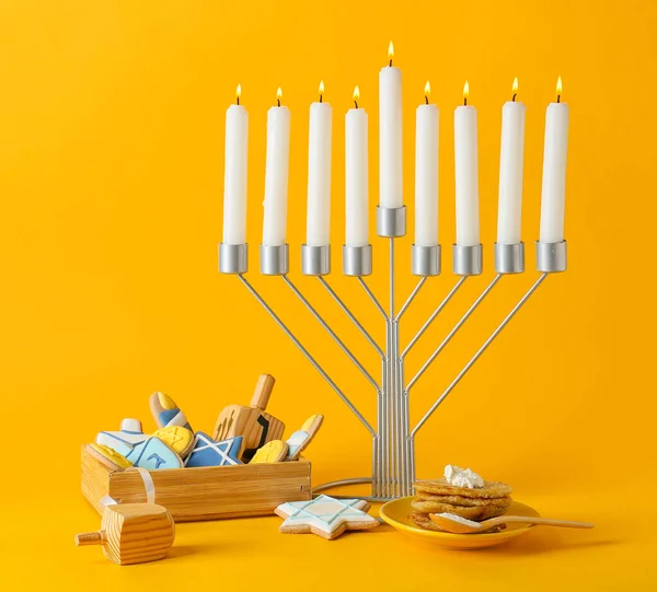 Menorah Candles Dreidels Potato Pancakes Wooden Box Cookies Orange Background — Stock Photo, Image