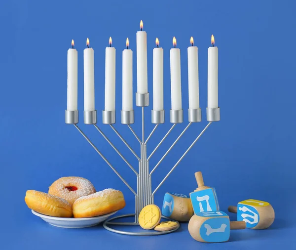 Menorah Candles Dreidels Donuts Cookies Blue Background — Stock Photo, Image