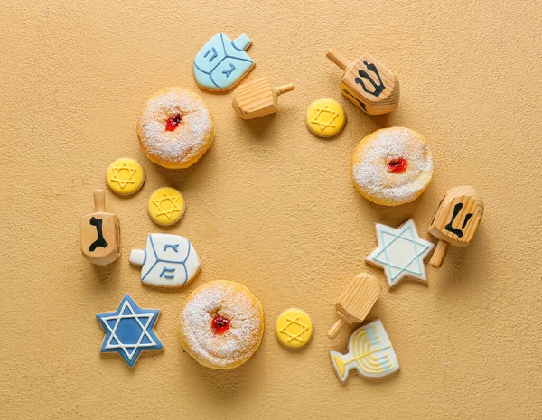 Frame Made Dreidels Cookies Donuts Hanukkah Celebration Color Background — Stock Photo, Image