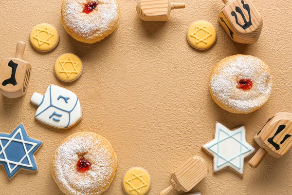Frame Made Wooden Dreidels Cookies Donuts Hanukkah Celebration Color Background — Stock Photo, Image