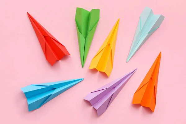 Colorful Paper Planes Pink Background — 图库照片