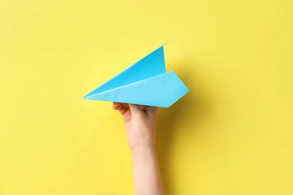 Woman Blue Paper Plane Yellow Background — 스톡 사진
