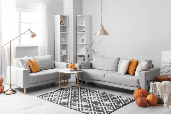 Autumn Interior Living Room Grey Sofas Pumpkins — Stock Photo, Image