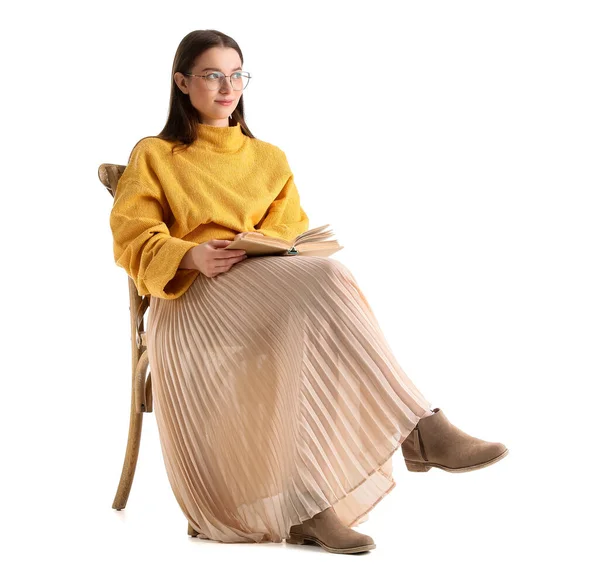 Beautiful Woman Yellow Sweater Reading Book White Background — Stock Photo, Image